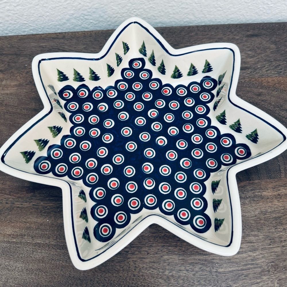 Polish Pottery Boleslawiec Christmas Peacock Circles Star Shaped Bowl Dish